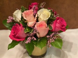 ROSES IN 4X4 CYLINDER WITH GOLD LEAF RIBBON from Redwood Florist in New Brunswick, NJ