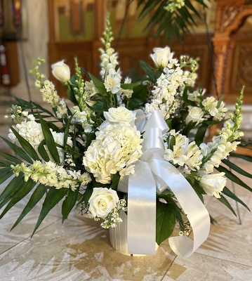 WHITE SYMPATHY BASKET from Redwood Florist in New Brunswick, NJ