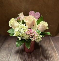 HYDRANGEA & ROSES IN HEARTS VASE from Redwood Florist in New Brunswick, NJ