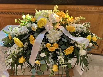 YELLOW & WHITE CASKET SPRAY from Redwood Florist in New Brunswick, NJ