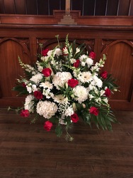 RED & WHITE PODIUM ARRANGEMENT from Redwood Florist in New Brunswick, NJ