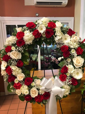 RED & WHITE WREATH from Redwood Florist in New Brunswick, NJ