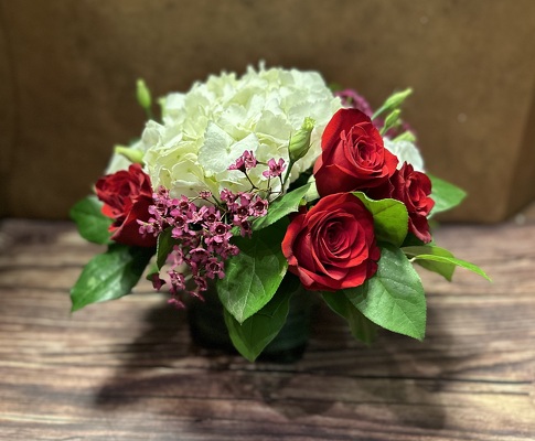 HYDRANGEA & ROSES VASE ARRANGEMENT from Redwood Florist in New Brunswick, NJ