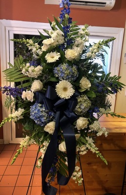 BLUE & WHITE STANDING SPRAY from Redwood Florist in New Brunswick, NJ