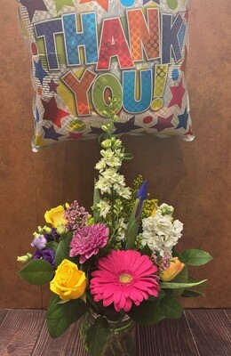 BRIGHT MIXED VASE WITH MYLAR from Redwood Florist in New Brunswick, NJ